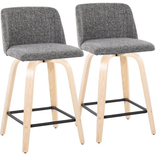 Toriano 24" Swivel Counter Stool in Natural Wood & Grey Noise Fabric with Black Footrest (Set of 2)
